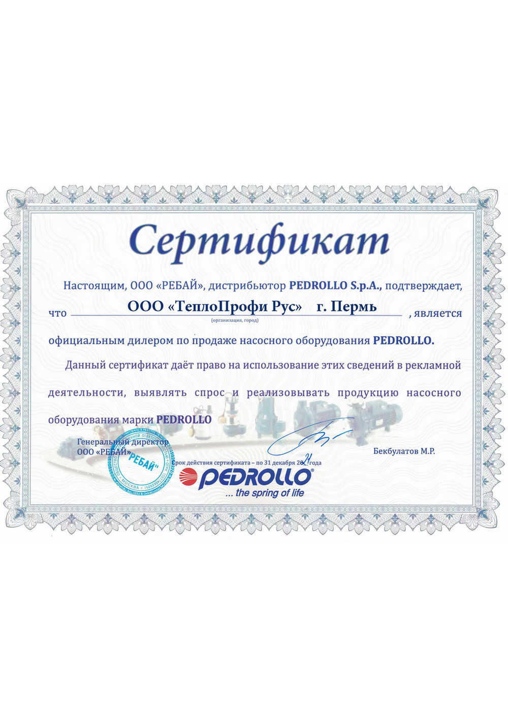 Дилерский сертификат Pedrollo
